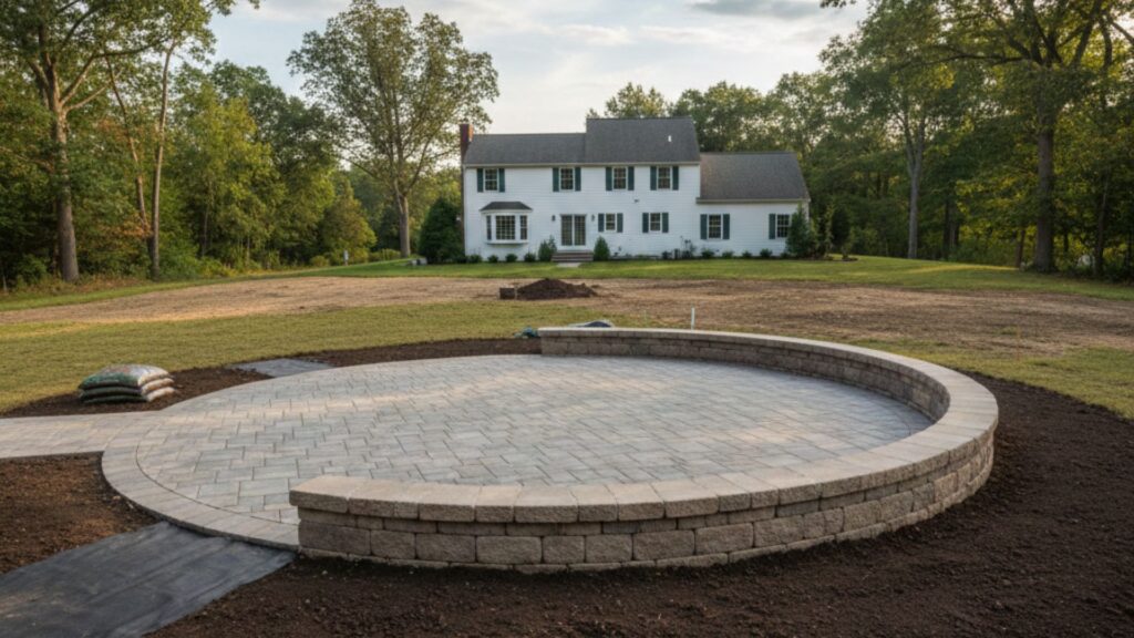 New circular paver patio with curved seating wall installed in a large residential backyard landscape