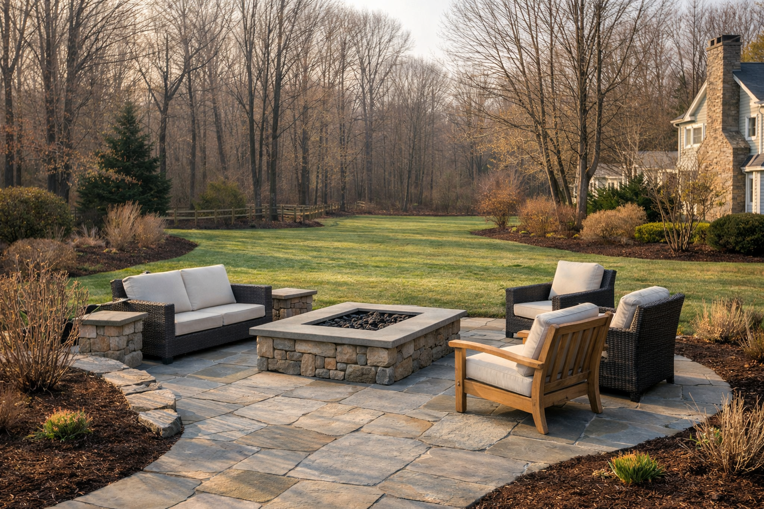 Custom backyard stone patio with fire pit seating area overlooking a professionally landscaped lawn