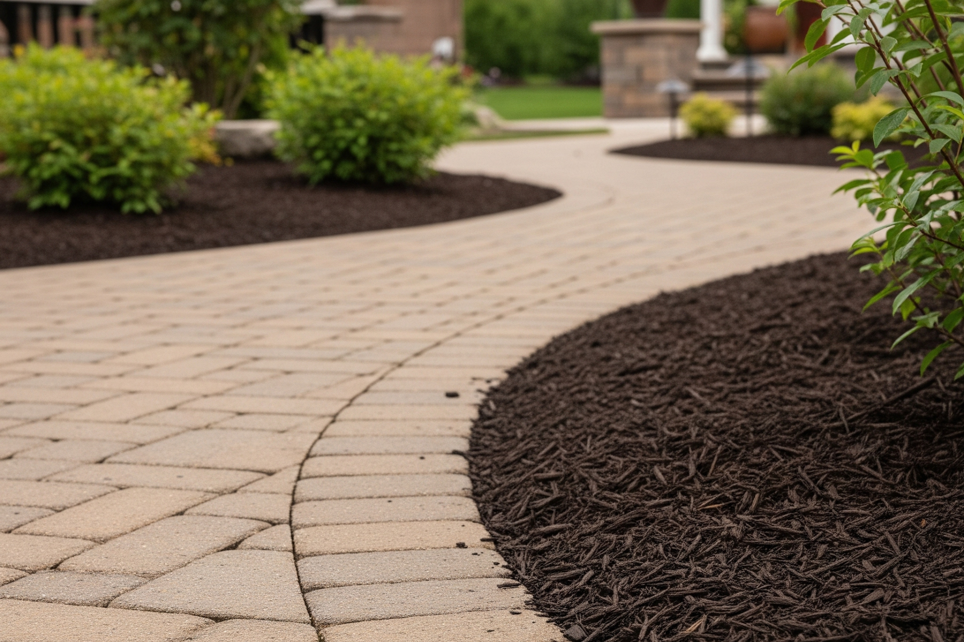 Curved paver walkway bordered by fresh mulch beds and ornamental shrubs in a residential landscape