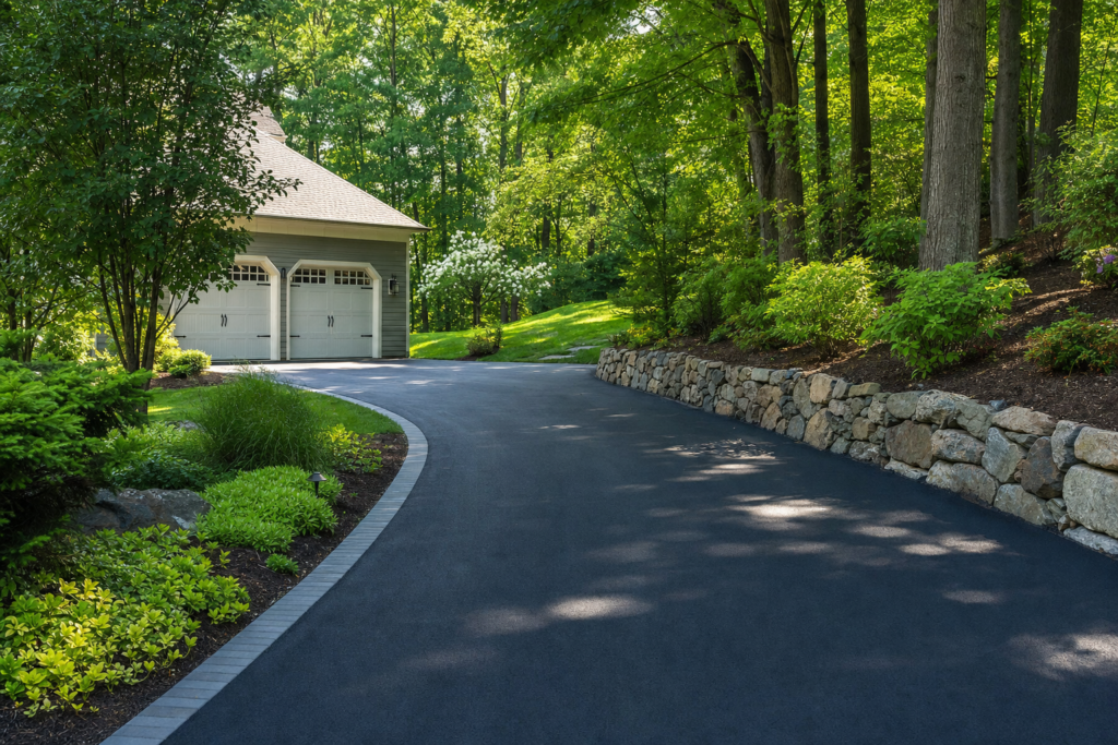 Curved asphalt driveway with natural stone retaining wall, landscape plantings, and mature trees surrounding a residential garage