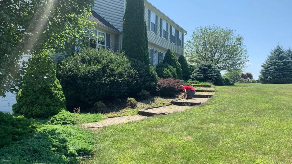 Landscape technician maintaining foundation plantings and shrubs at a residential property in Brookfield, CT
