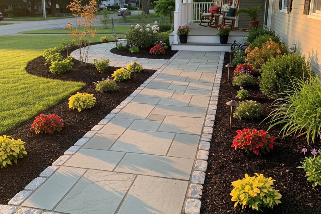 Custom front walkway with paver stones, fresh mulch beds, ornamental shrubs, and colorful flowers at a Connecticut home