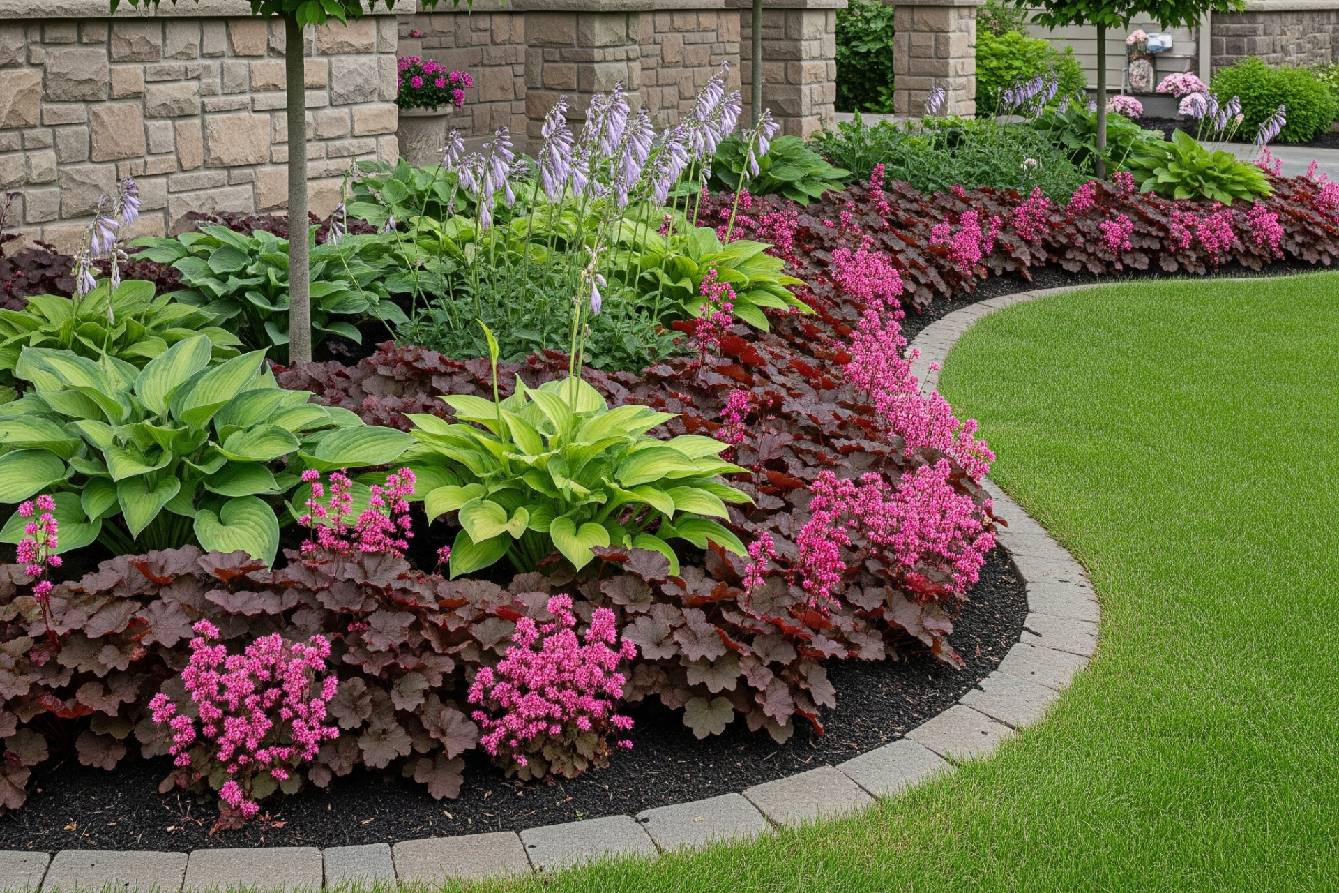 Curved landscape bed featuring hostas, coral bells, flowering perennials, edging stones, and a manicured lawn