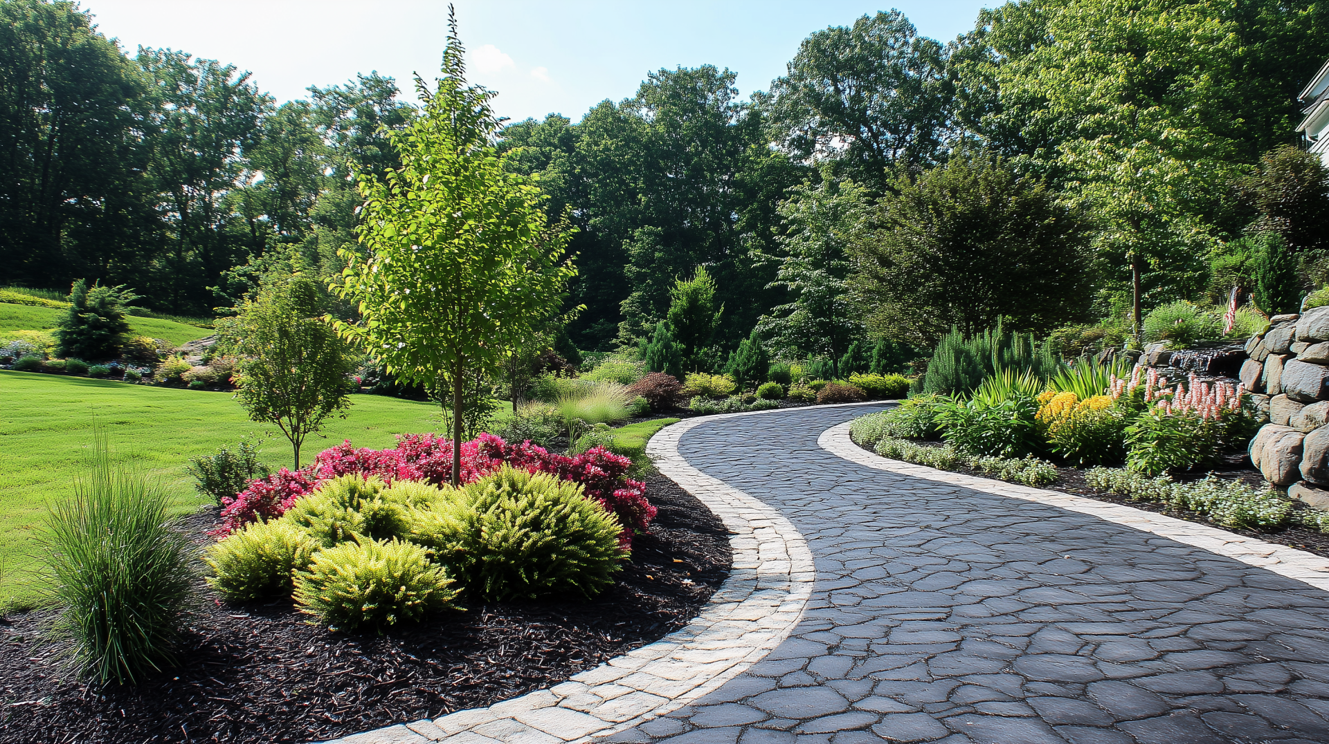 Professional landscape design featuring a curved paver walkway, colorful planting beds, and manicured lawn in Connecticut