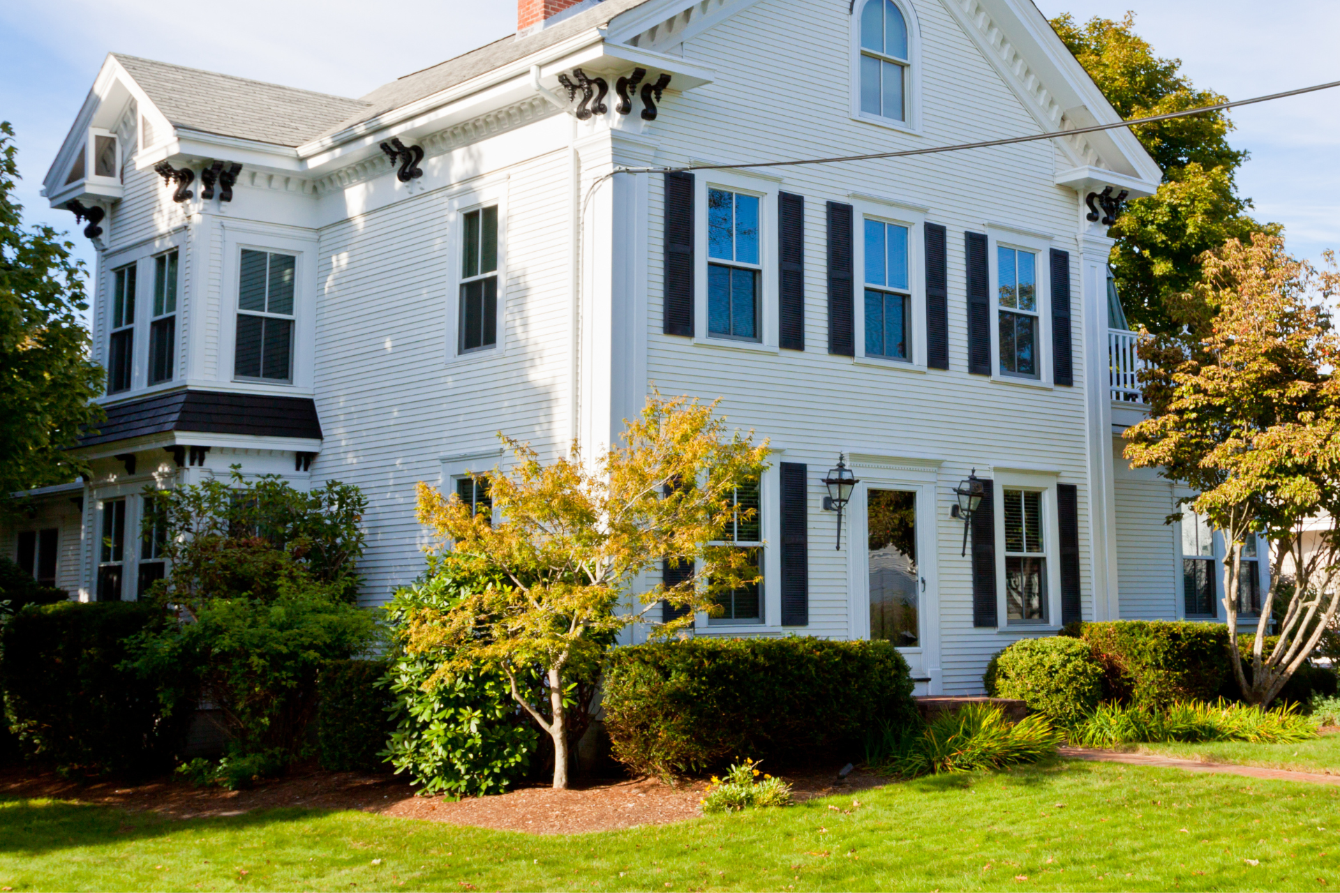 Well-maintained residential landscape featuring trimmed shrubs, healthy lawn, and ornamental trees in Brookfield, CT