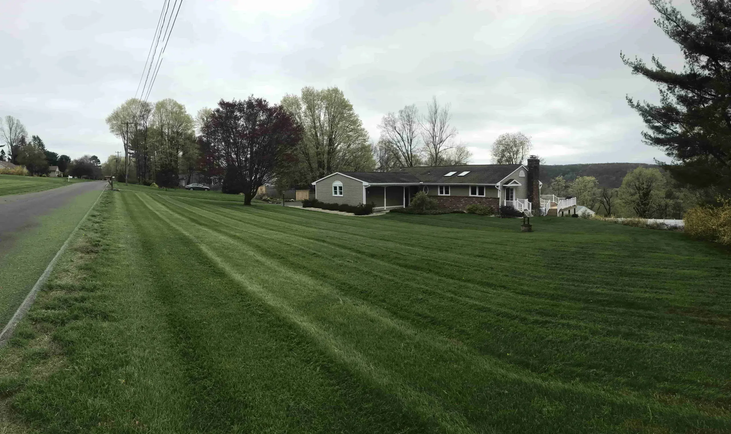 Large residential property with professionally maintained striped lawn and expansive turf management services
