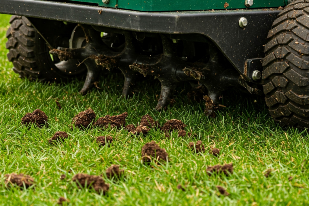 Core aeration machine removing soil plugs from a residential lawn during professional lawn aeration service in Connecticut