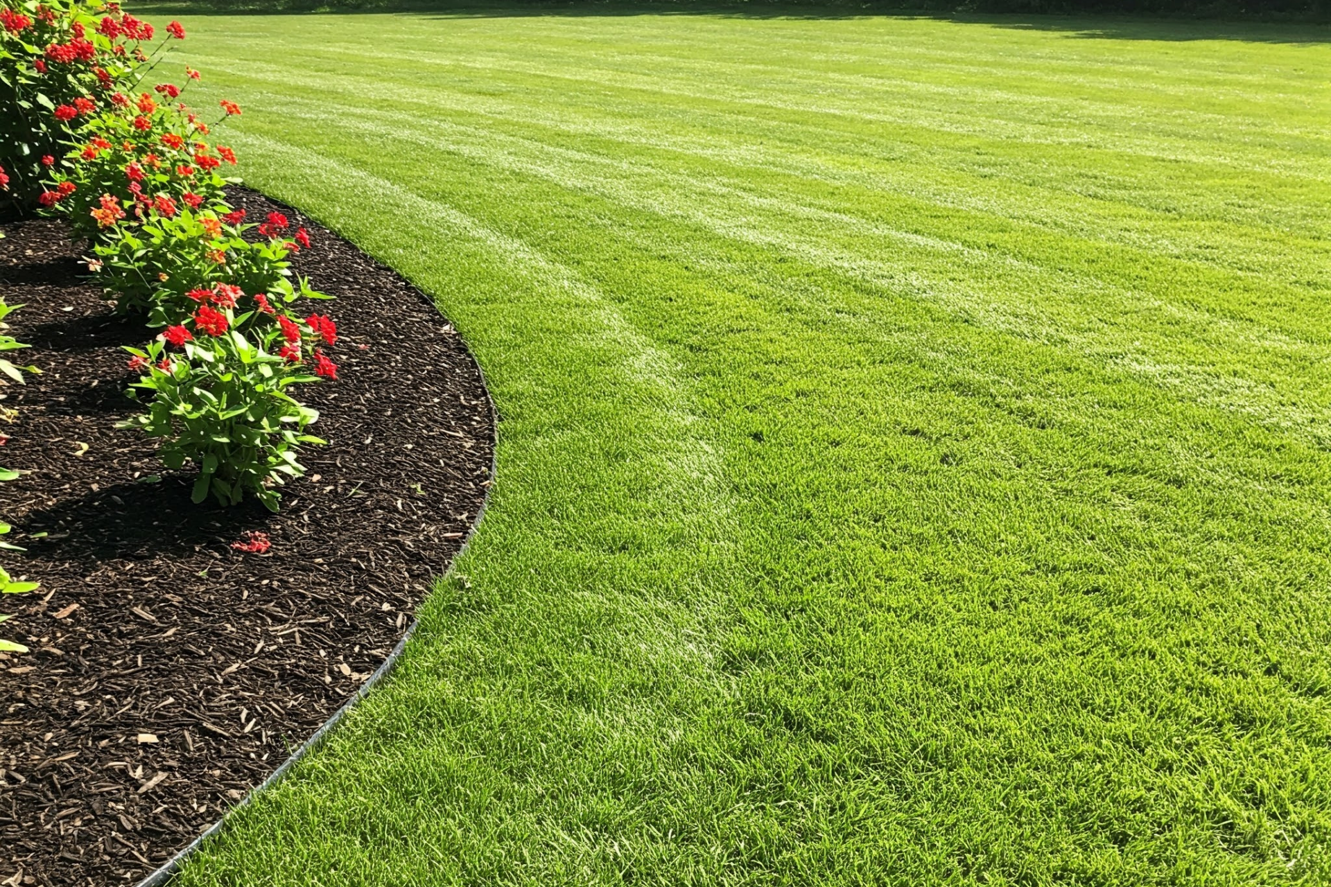 Professionally maintained lawn with crisp mowing lines, fresh mulch edging, and colorful flower beds in Connecticut
