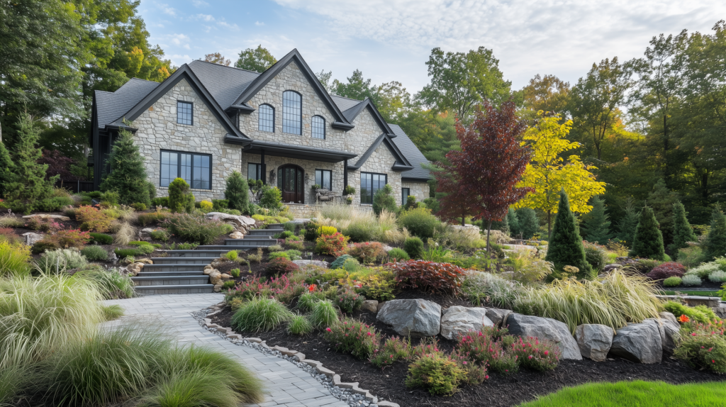 Luxury residential landscape design featuring layered plantings, natural boulders, and stone walkways at a Brookfield, CT home