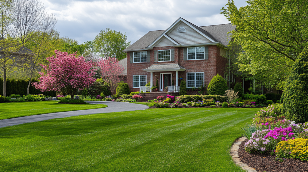 Luxury residential property with striped green lawn, colorful flower beds, and professionally maintained landscaping in Connecticut