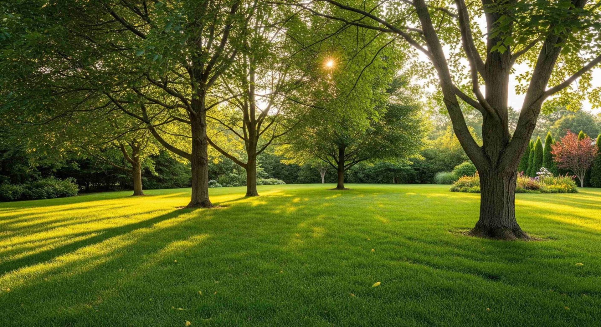 Healthy mature shade trees casting long shadows across a professionally maintained green lawn in a residential landscape
