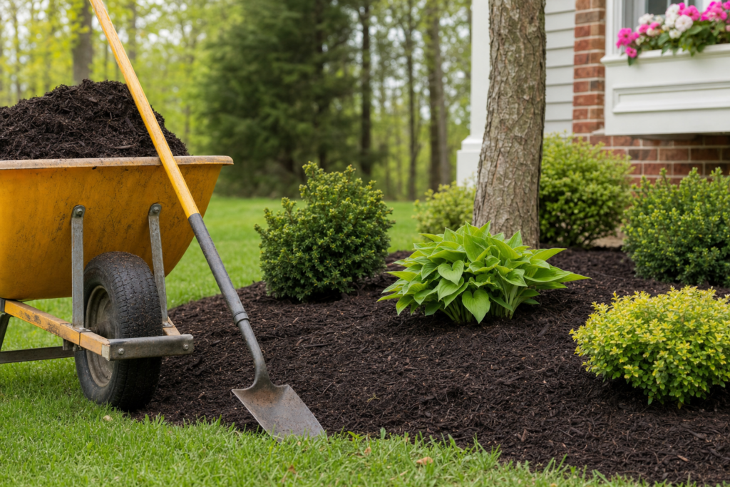Fresh mulch being installed in a residential landscape bed with ornamental shrubs and perennial plants