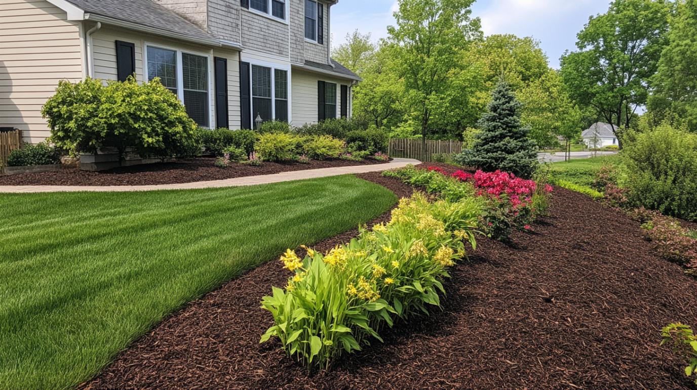 Fresh mulch installation around colorful flower beds and a manicured lawn at a residential property in Connecticut