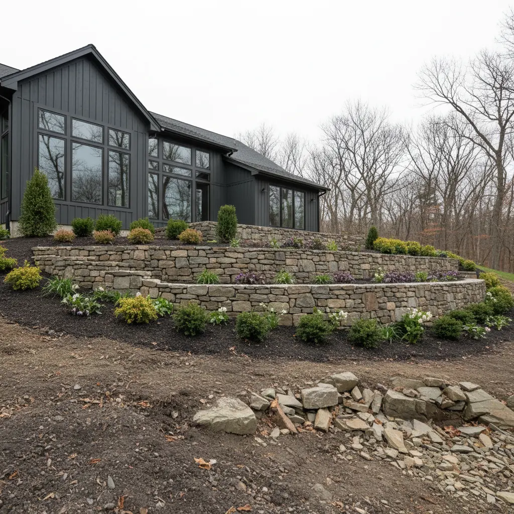 Tiered natural stone retaining walls with ornamental shrubs and landscape plantings surrounding a modern residential home