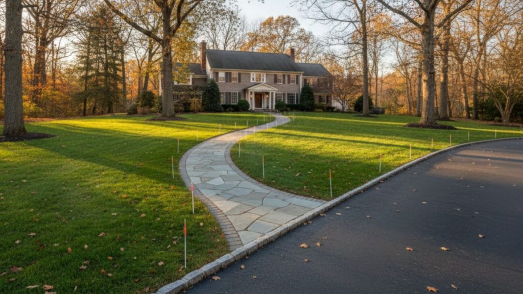 Curved natural stone walkway leading through a manicured front lawn to a residential home with mature trees