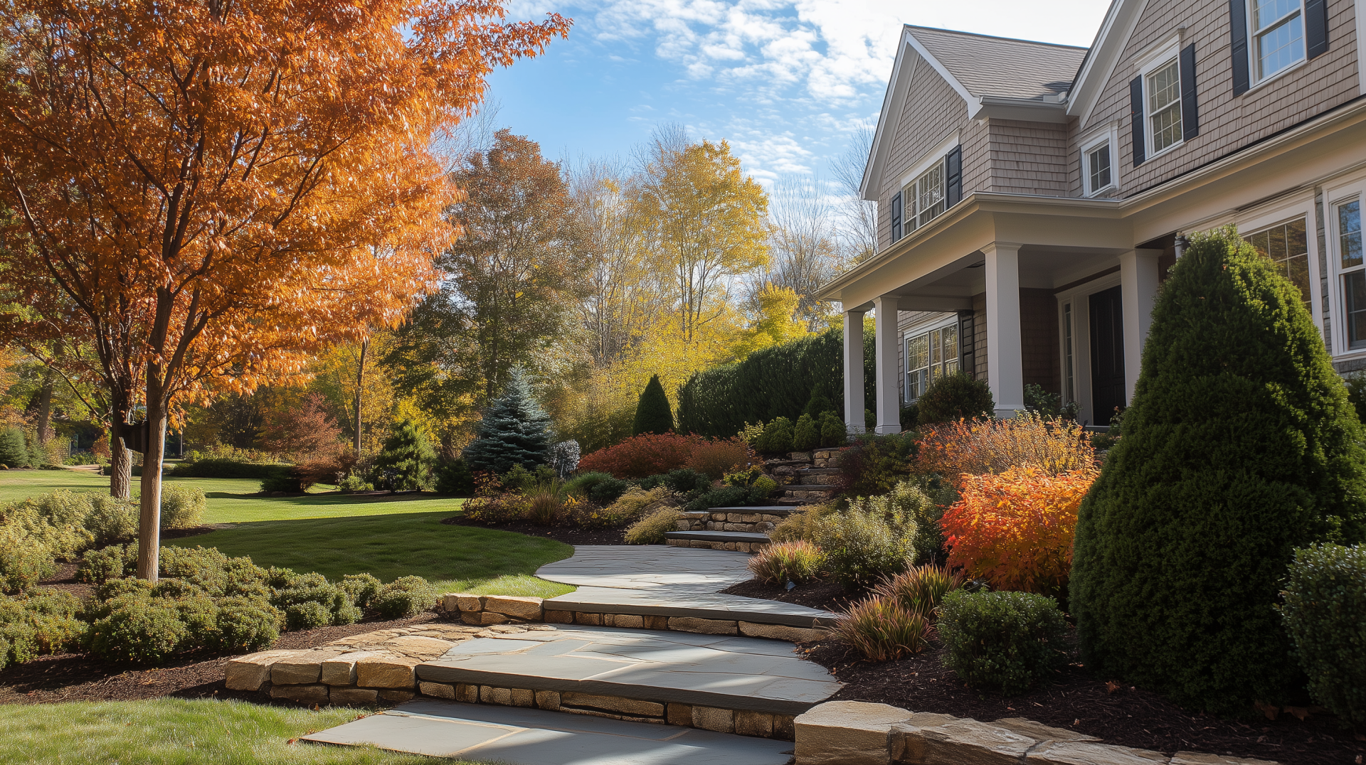 Elegant residential landscape featuring a natural stone walkway, layered plantings, and ornamental trees in Brookfield, CT