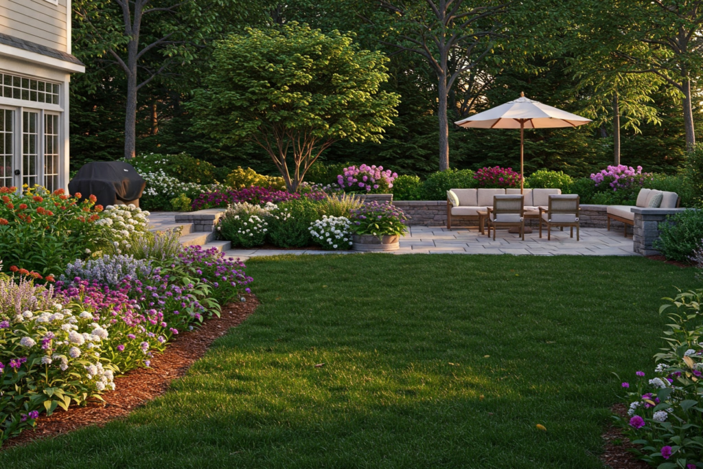 Luxury outdoor living space with paver patio, colorful flower gardens, manicured lawn, and seating area in a Connecticut backyard