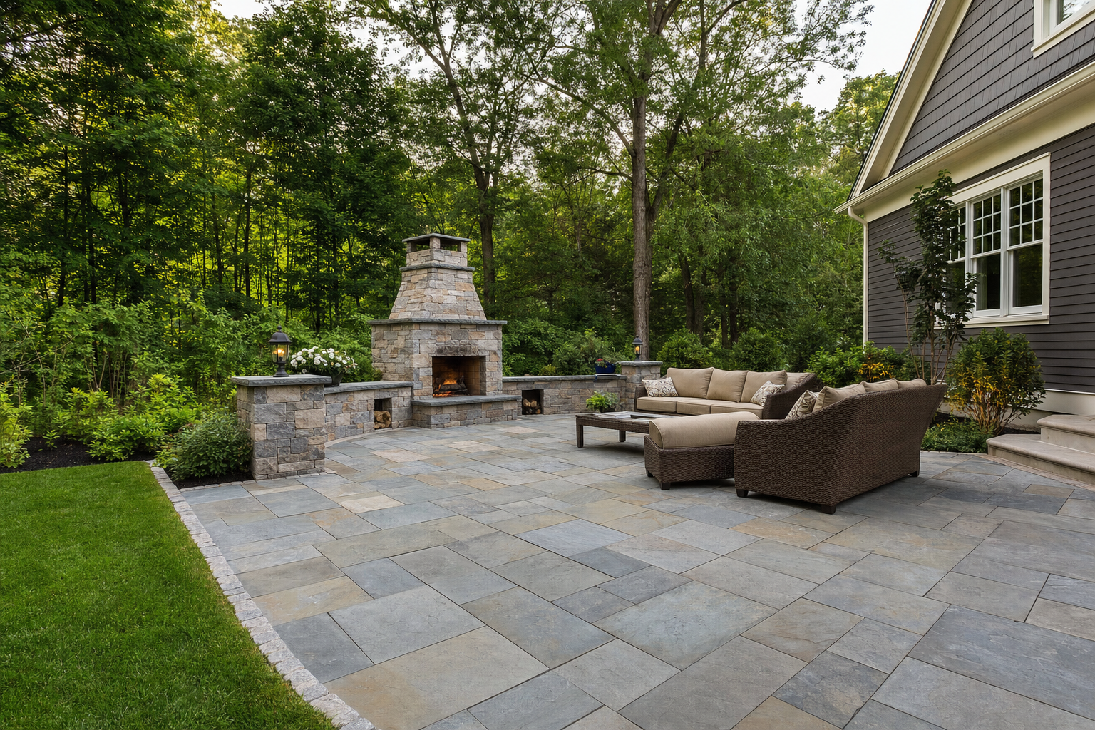 Custom backyard patio with natural stone outdoor fireplace, seating area, landscape plantings, and premium hardscape construction