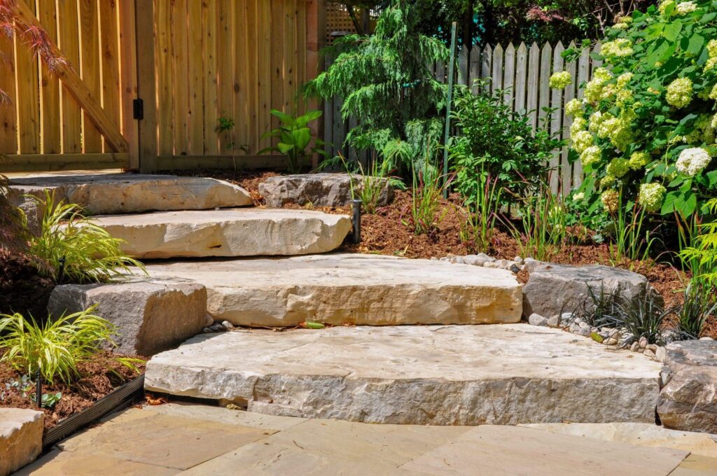 Completed Stone steps in clients backyard located in Newton CT
