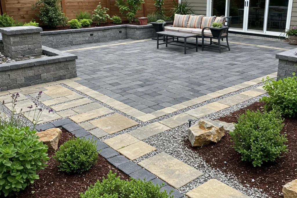 Custom paver patio with seating area, retaining walls, decorative stone pathways, and landscaped garden beds in Connecticut