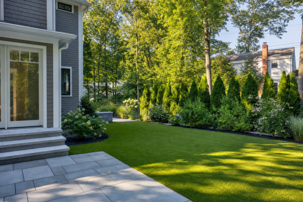 Residential backyard landscape with evergreen privacy trees, manicured lawn, and modern patio surrounding a luxury home