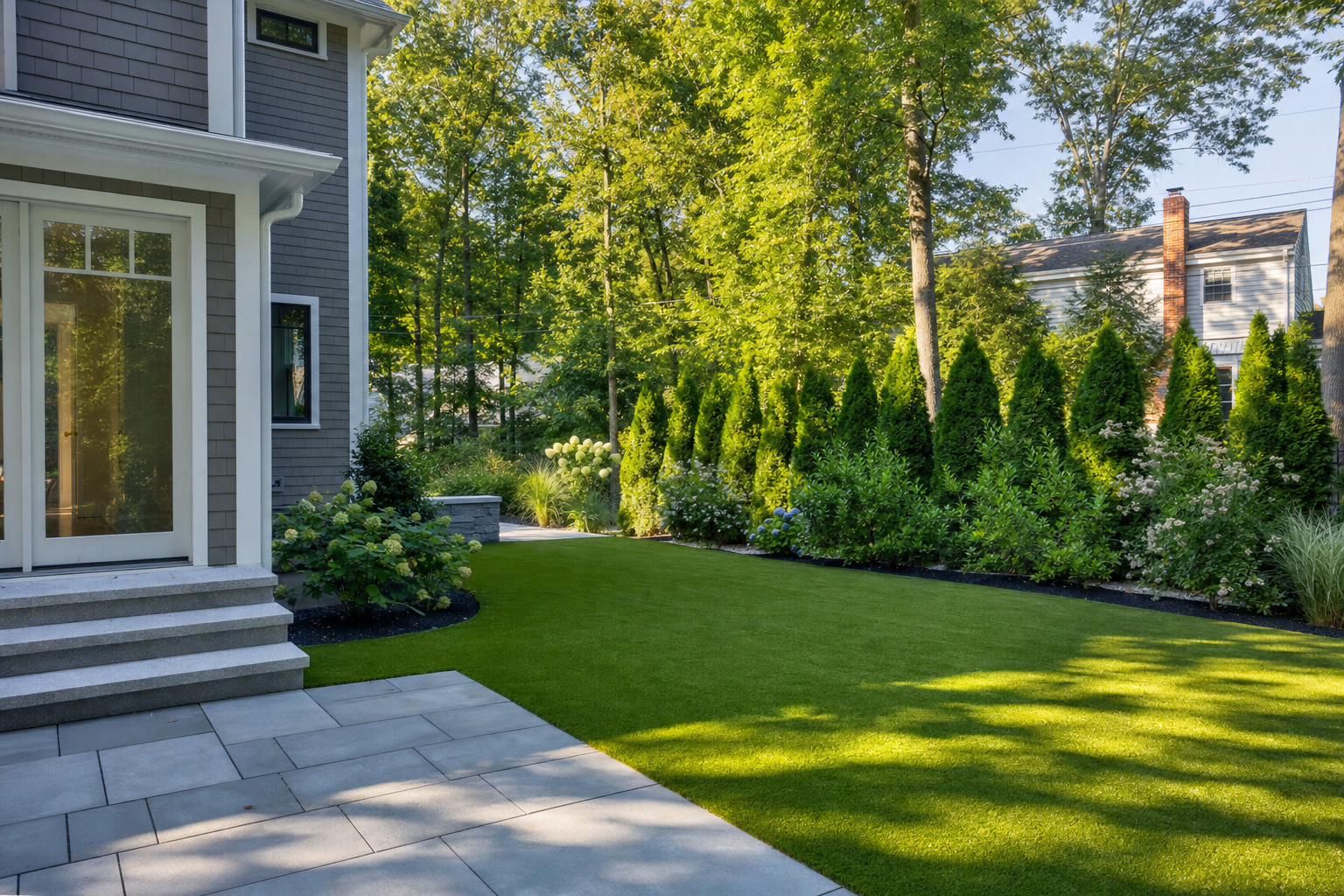 Residential backyard landscape with evergreen privacy trees, manicured lawn, and modern patio surrounding a luxury home