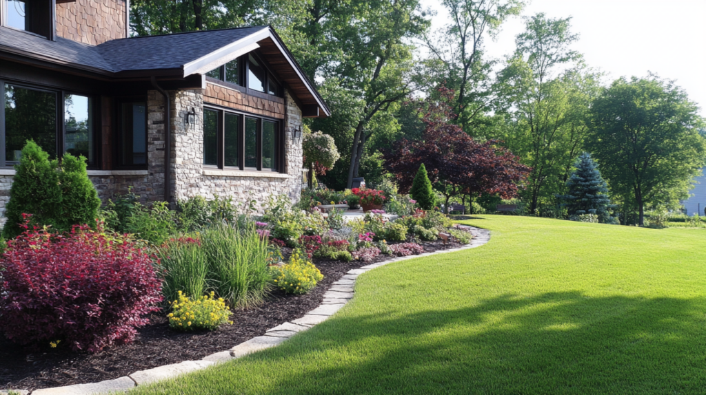 Beautiful residential landscape featuring colorful flower beds, manicured lawn, and professionally maintained garden borders in Connecticut