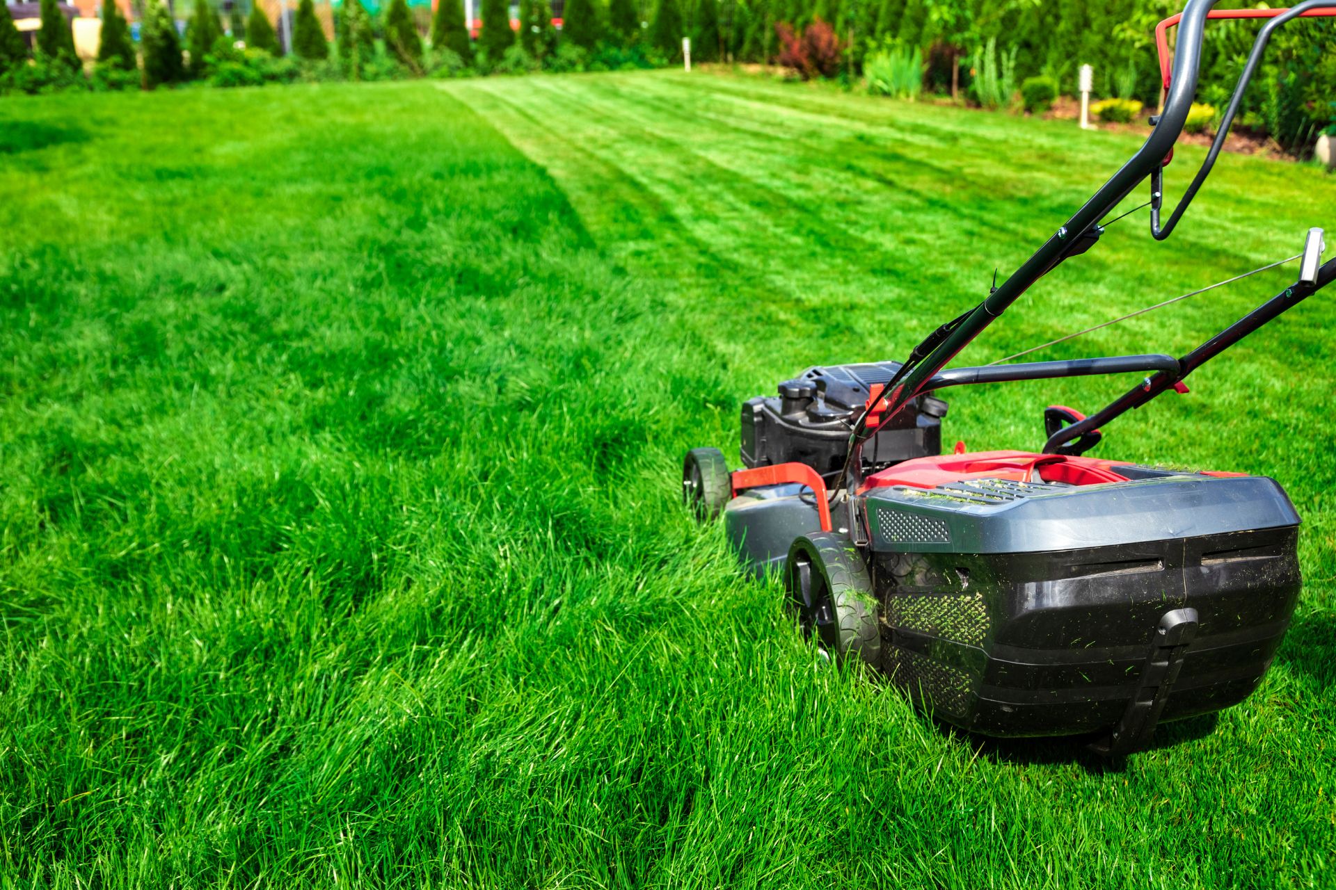 Professional lawn mowing service cutting overgrown grass at a residential property in Brookfield, CT