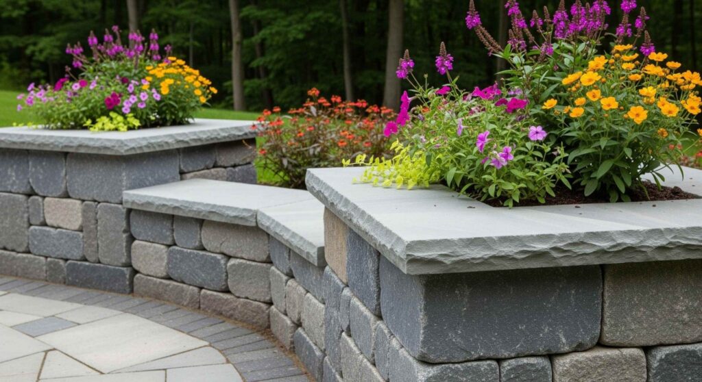 Stone retaining wall with built-in planter beds filled with colorful seasonal flowers and decorative hardscape features