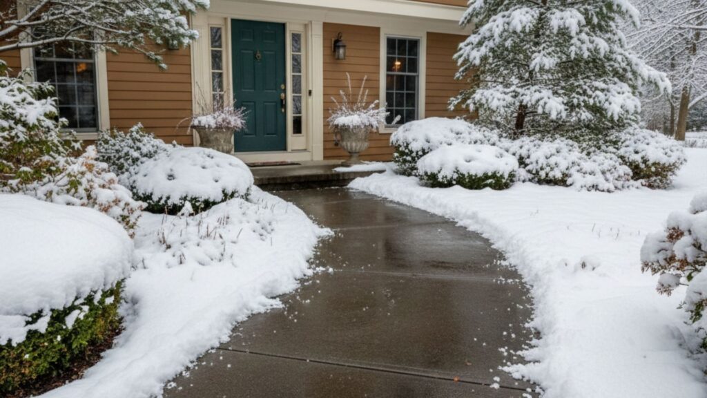 Cleared residential front walkway leading to a home entrance surrounded by snow-covered landscaping during winter