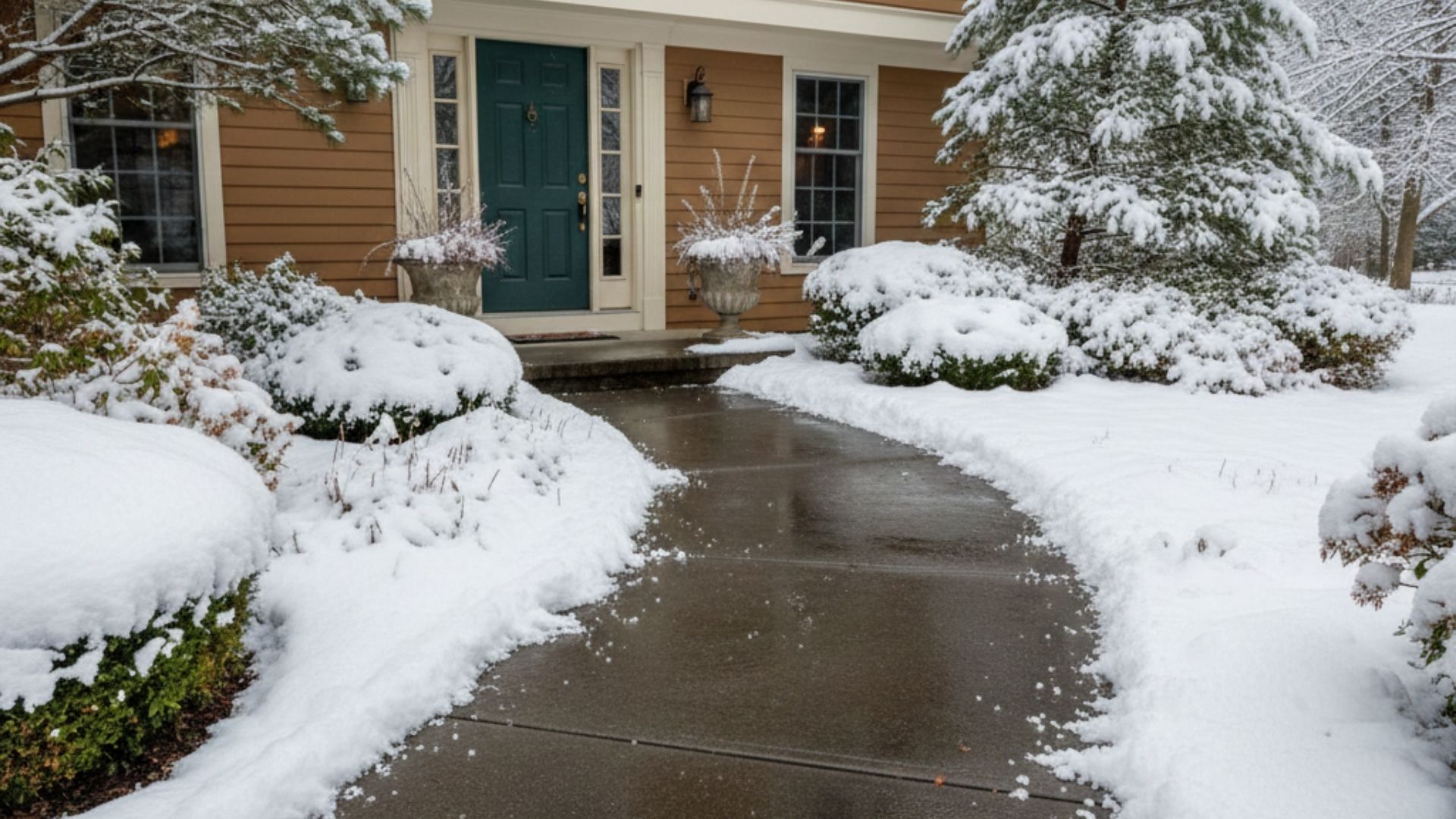 Cleared residential front walkway leading to a home entrance surrounded by snow-covered landscaping during winter