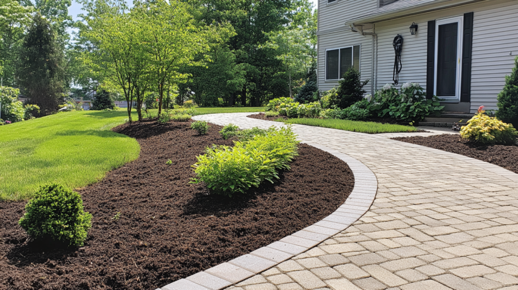 Curved paver walkway bordered by freshly installed mulch beds and shrubs in a professionally landscaped Connecticut yard
